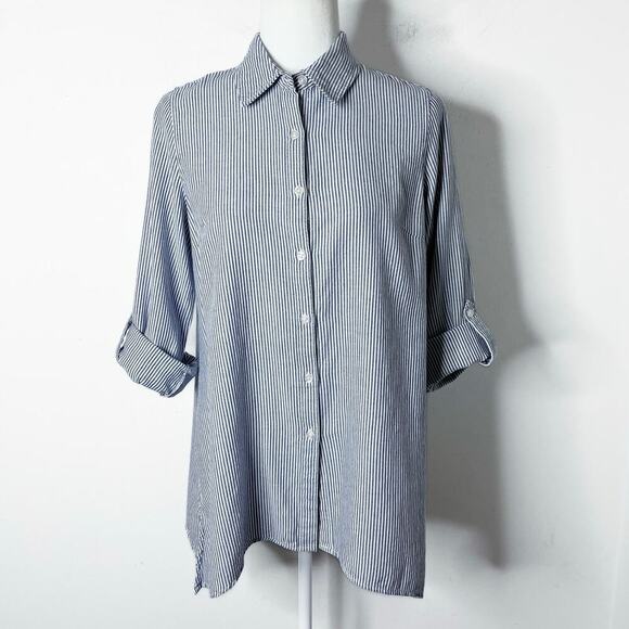 Zac & Rachel Button Up Shirt S Blue & White Striped Asymmetric Hem Long Sleeve - Picture 3 of 12